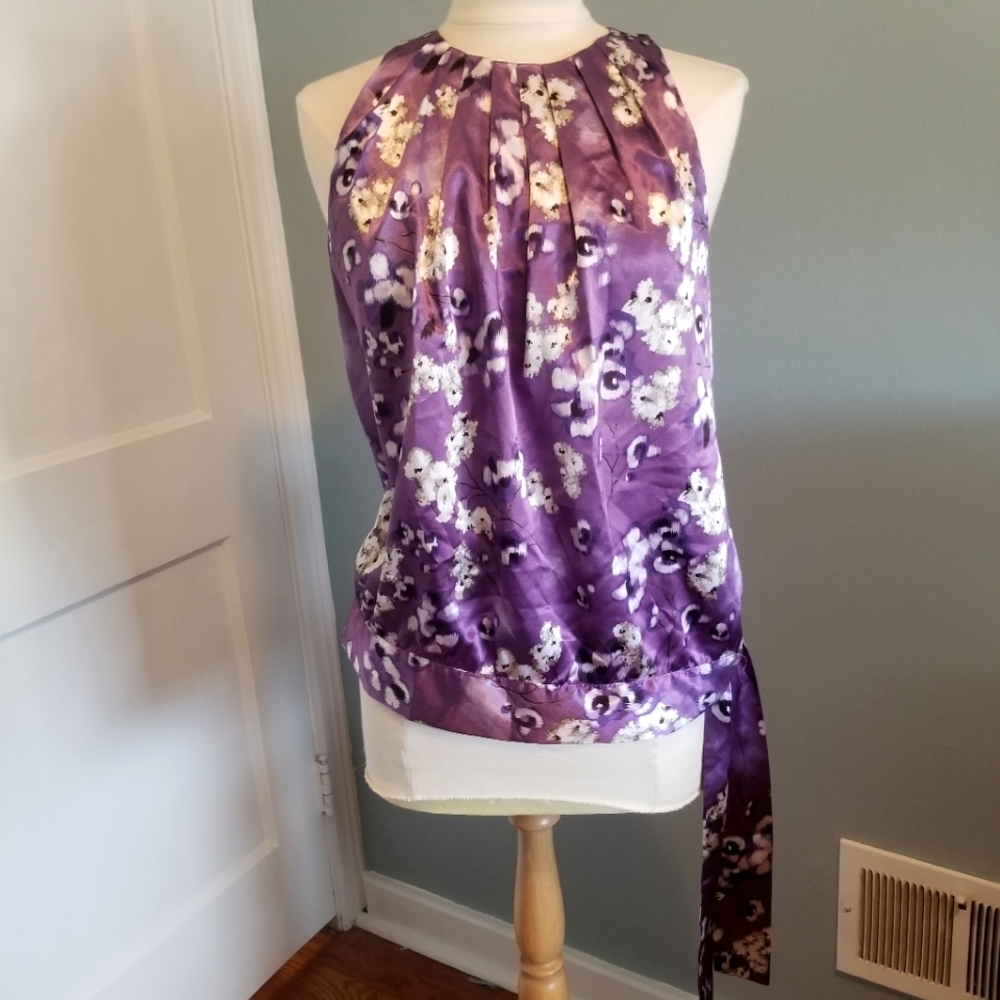 Gorgeous satiny purple blouse with floral watercolor-type pattern. Size large